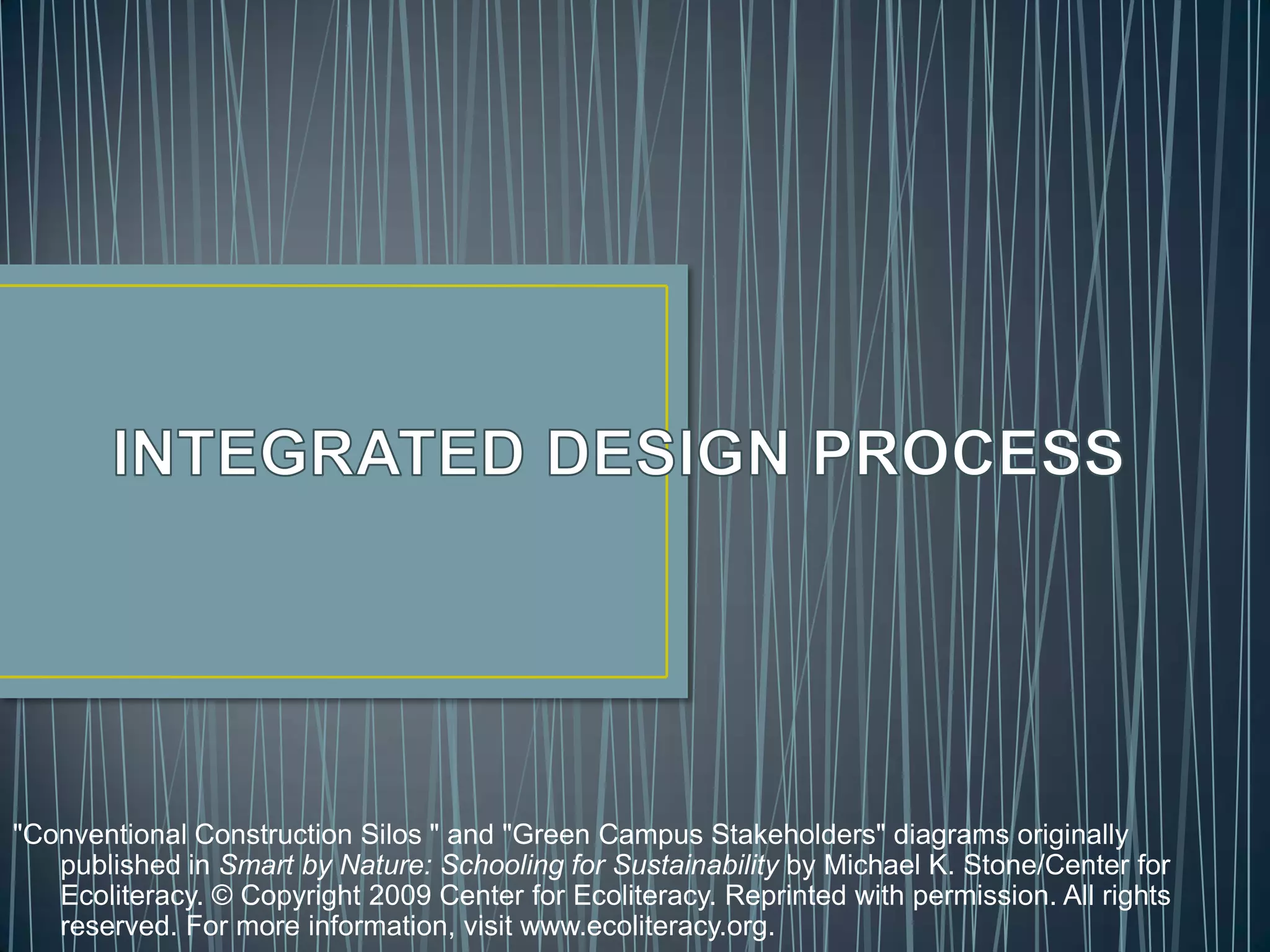 "Conventional Construction Silos " and "Green Campus Stakeholders" diagrams originally
   published in Smart by Nature: Schooling for Sustainability by Michael K. Stone/Center for
   Ecoliteracy. © Copyright 2009 Center for Ecoliteracy. Reprinted with permission. All rights
   reserved. For more information, visit www.ecoliteracy.org.
 