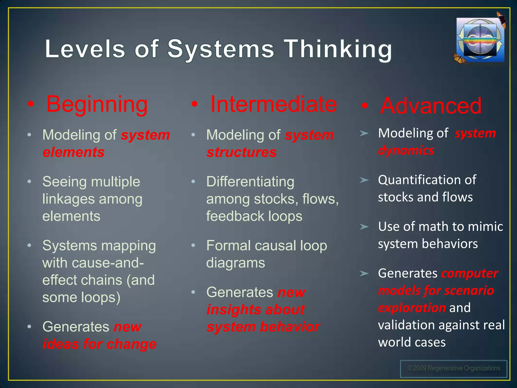 • Beginning            • Intermediate           • Advanced
• Modeling of system   • Modeling of system     ➤   Modeling of system
  elements               structures                 dynamics

• Seeing multiple      • Differentiating        ➤   Quantification of
  linkages among         among stocks, flows,       stocks and flows
  elements               feedback loops
                                                ➤   Use of math to mimic
• Systems mapping      • Formal causal loop         system behaviors
  with cause-and-        diagrams
                                                ➤   Generates computer
  effect chains (and
  some loops)          • Generates new              models for scenario
                         insights about             exploration and
• Generates new          system behavior            validation against real
  ideas for change                                  world cases
                                                         © 2009 Regenerative Organizations
 