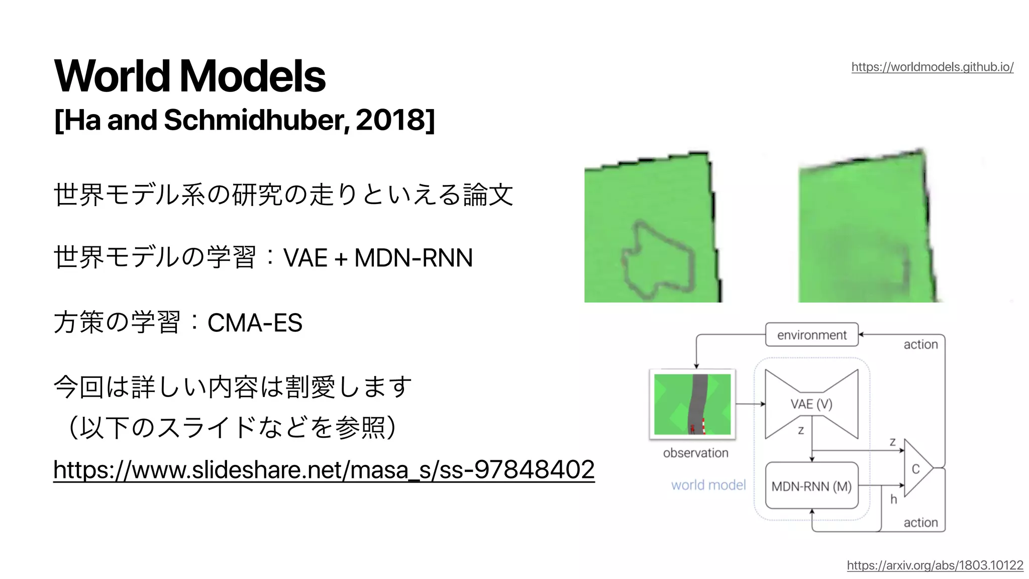 World Models
[Ha and Schmidhuber,2018]
VAE + MDN-RNN
CMA-ES
https://www.slideshare.net/masa_s/ss-97848402
https://arxiv.org/abs/1803.10122
https://worldmodels.github.io/
 