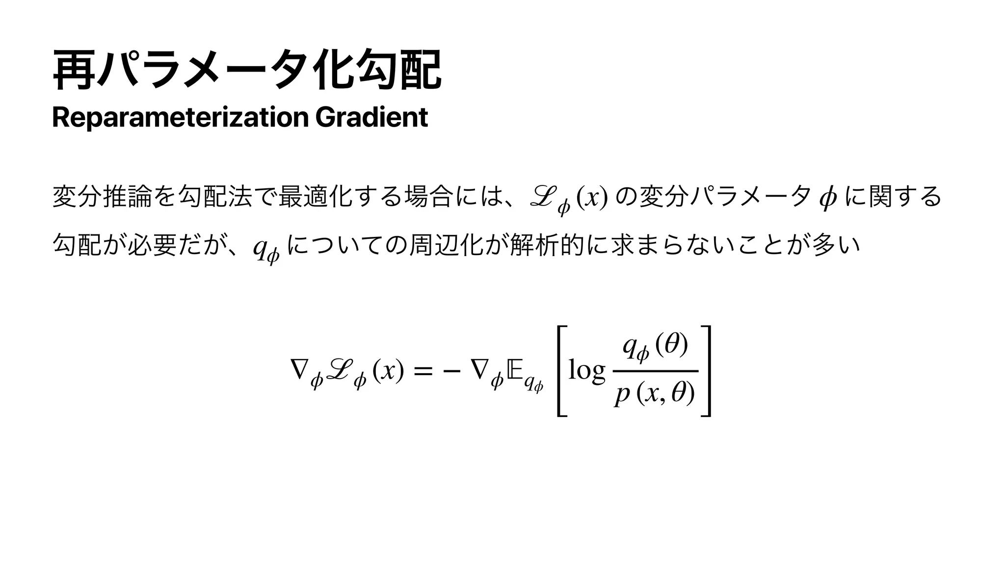 Reparameterization Gradient
ℒϕ (x) ϕ
qϕ
∇ϕℒϕ (x) = − ∇ϕ 𝔼qϕ
[
log
qϕ (θ)
p (x, θ) ]
 