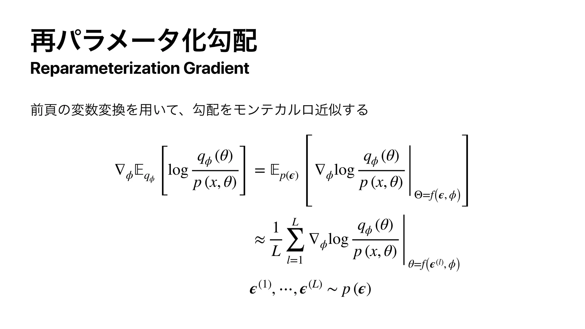 Reparameterization Gradient
∇ϕ 𝔼qϕ
[
log
qϕ (θ)
p (x, θ) ]
= 𝔼p(ϵ) ∇ϕlog
qϕ (θ)
p (x, θ)
Θ=f(ϵ, ϕ)
≈
1
L
L
∑
l=1
∇ϕlog
qϕ (θ)
p (x, θ)
θ=f(ϵ(l), ϕ)
ϵ(1)
, ⋯, ϵ(L)
∼ p (ϵ)
 