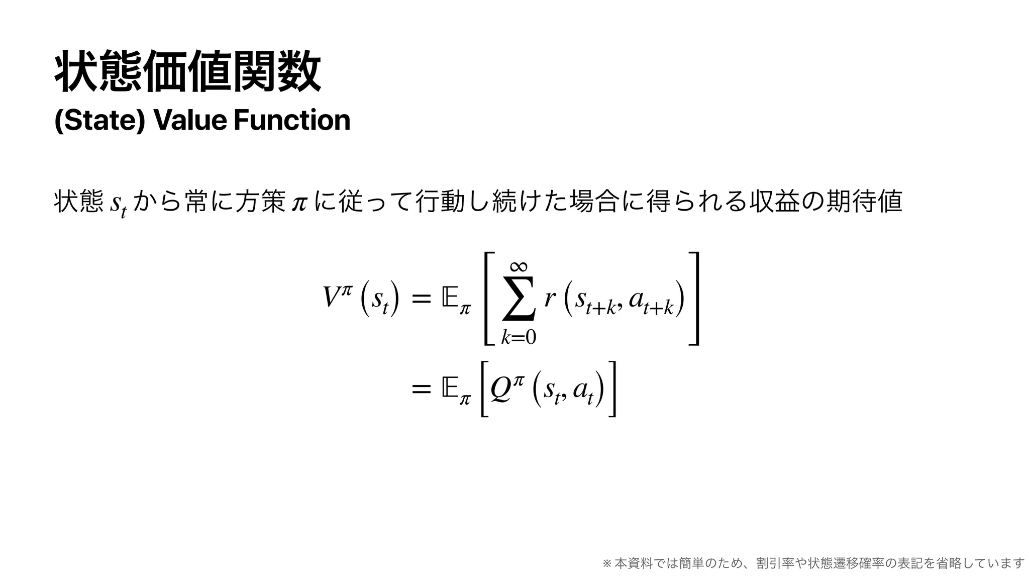 (State) Value Function
st π
Vπ
(st) = 𝔼π
[
∞
∑
k=0
r (st+k, at+k)
]
= 𝔼π [Qπ
(st, at)]
※
 