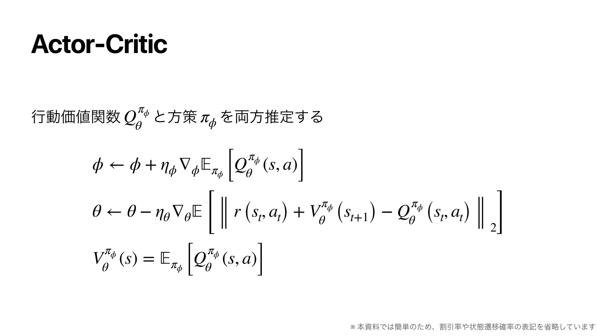 Actor-Critic
Q
πϕ
θ
πϕ
ϕ ← ϕ + ηϕ ∇ϕ 𝔼πϕ [Q
πϕ
θ
(s, a)]
θ ← θ − ηθ ∇θ 𝔼
[
r (st, at) + V
πϕ
θ (st+1) − Q
πϕ
θ (st, at)
2]
V
πϕ
θ
(s) = 𝔼πϕ [Q
πϕ
θ
(s, a)]
※
 