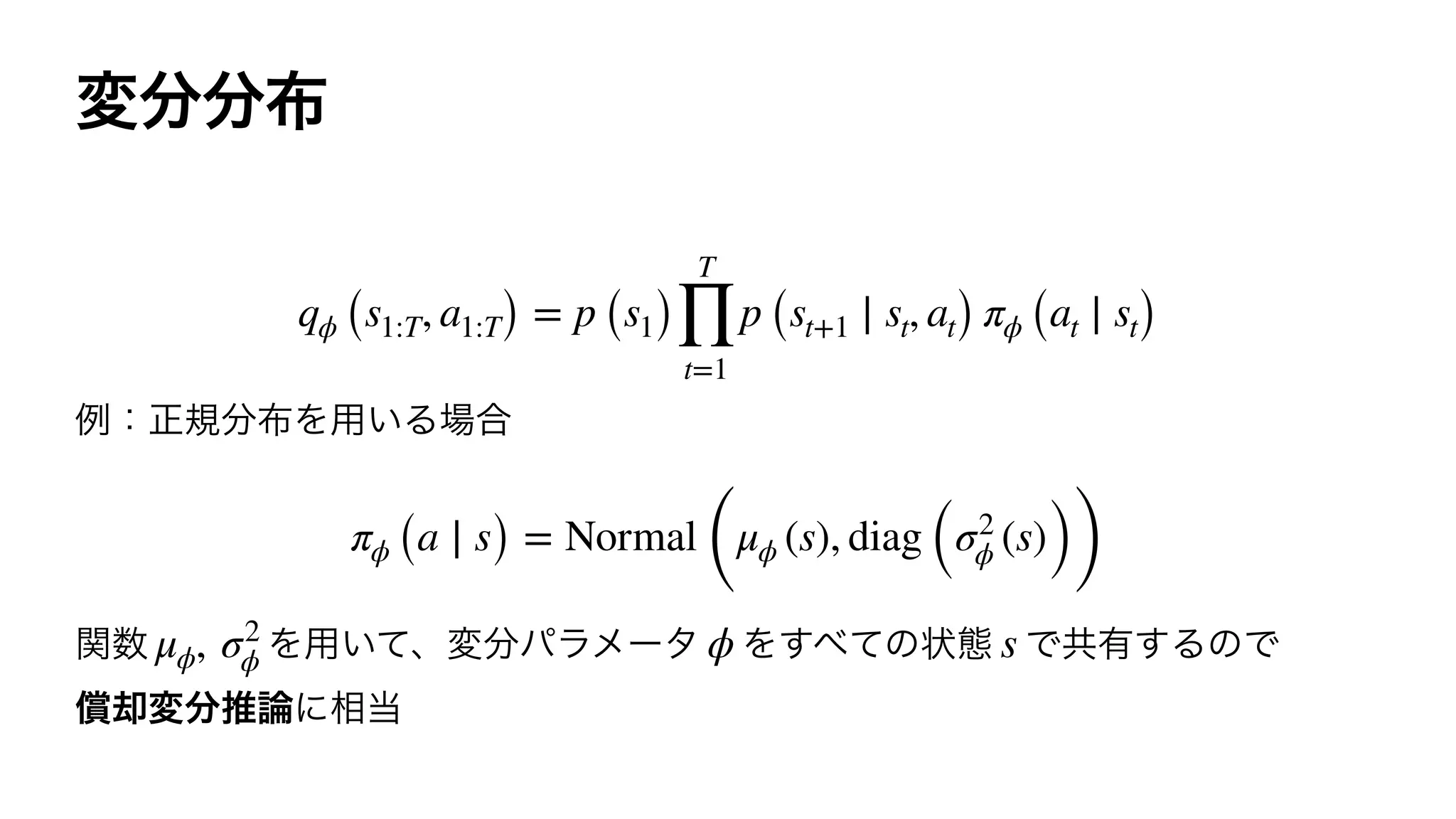 qϕ (s1:T, a1:T) = p (s1)
T
∏
t=1
p (st+1 ∣ st, at) πϕ (at ∣ st)
πϕ (a ∣ s) = Normal
(
μϕ (s), diag (σ2
ϕ (s)))
μϕ, σ2
ϕ ϕ s
 