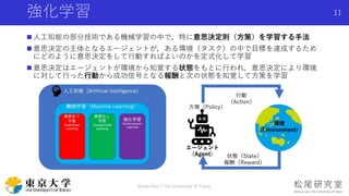 強化学習
Shota Imai | The University of Tokyo
 人工知能の部分技術である機械学習の中で，特に意思決定則（方策）を学習する手法
 意思決定の主体となるエージェントが，ある環境（タスク）の中で目標を達成するため
にどのように意思決定をして行動すればよいのかを定式化して学習
 意思決定はエージェントが環境から知覚する状態をもとに行われ，意思決定により環境
に対して行った行動から成功信号となる報酬と次の状態を知覚して方策を学習
11
 