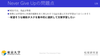 Never Give Upの問題点
 NGUでは、各𝛽𝑖は等価
 実際には学習中に外発的報酬を多く得られそうな𝛽𝑖を選んだ方が学習はうまくいきそう
→有望そうな補助タスクを集中的に選択して方策学習したい
128
Shota Imai | The University of Tokyo
 