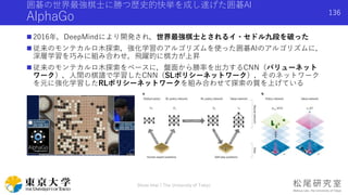 囲碁の世界最強棋士に勝つ歴史的快挙を成し遂げた囲碁AI
AlphaGo
 2016年，DeepMindにより開発され，世界最強棋士とされるイ・セドル九段を破った
 従来のモンテカルロ木探索，強化学習のアルゴリズムを使った囲碁AIのアルゴリズムに，
深層学習を巧みに組み合わせ，飛躍的に棋力が上昇
 従来のモンテカルロ木探索をベースに，盤面から勝率を出力するCNN（バリューネット
ワーク），人間の棋譜で学習したCNN（SLポリシーネットワーク），そのネットワーク
を元に強化学習したRLポリシーネットワークを組み合わせて探索の質を上げている
Shota Imai | The University of Tokyo
136
 