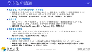 その他の話題
 転移学習，マルチタスク学習，メタ学習
- 複数タスクを同じパラメータで同時に解いたり，複数タスクで学習された知識を目的タスクで
利用する手法[]など，複数タスクに跨って強化学習を行うことに興味がある分野
- Policy Distillation，Actor-Mimic，MAML，SNAIL，DISTRAL，PEARL等
 進化計算
- 様々なパラメータを持つ深層ニューラルネットで探索を行い，獲得報酬量などにより評価，
選択，交差させるなどして最適化．強化学習では勾配法と組み合わせた研究も
- 進化戦略（Evolution Strategy; ES），Pathnet，ERL, CEM-RL等
 階層型強化学習
- 方策を上位，サブに分ける[]など方策を階層的に学習することでタスクを解きやすくしたり，
方策の共通部分を別タスクで使い回すなどする
- Option-Critic，Feudal Networks，HIRO等
 深層強化学習の理論解析
- 深層強化学習が流行るきっかけのDQN等は成功する理論的裏付けがあったわけではない
- 経験再生がうまいくいく理論的背景の分析[Xie+ 2019]や，Q学習を関数近似で行なった場合
の挙動に関する分析[Hu+ 2019]等の取り組み
Shota Imai | The University of Tokyo
146
 