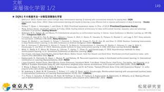 文献
深層強化学習 1/2
 DQNとその発展手法〜分散型深層強化学習
- Mnih et al. (2013). Human-level control through deep reinforcement learning: Q-learning with convolutional networks for playing Atari. (DQN)
- Van Hasselt, Guez, Silver. (2015). Deep reinforcement learning with double Q-learning: a very effective trick to improve performance of deep Q-learning. （Double
DQN）
- Schaul, T.; Quan, J.; Antonoglou, I.; and Silver, D. 2015. Prioritized experience replay. In Proc. of ICLR. (Prioritized Experience Replay)
- Wang, Schaul, Hessel, van Hasselt, Lanctot, de Freitas (2016). Dueling network architectures for deep reinforcement learning: separates value and advantage
estimation in Q-function. (Dueling Network)
- Bellemare, M. G., Dabney, W., and Munos, R. A distributional perspective on reinforcement learning. In Interna- tional Conference on Machine Learning, pp. 449–458,
2017. (Categorical DQN, C51)
- Fortunato, M.; Azar, M. G.; Piot, B.; Menick, J.; Osband, I.; Graves, A.; Mnih, V.; Munos, R.; Hassabis, D.; Pietquin, O.; Blundell, C.; and Legg, S. 2017. Noisy networks
for exploration. CoRR abs/1706.10295. (Noisy Networks)
- Hessel, M., Modayil, J., van Hasselt, H., Schaul, T., Ostrovski, G., Dabney, W., Horgan, D., Piot, B., Azar, M., and Silver, D. (2018). Rainbow: Combining Improvements
in Deep Reinforcement Learning. In the AAAI Conference on Artificial Intelligence (AAAI). (Rainbow)
- Nair, A., Srinivasan, P., Blackwell, S., Alcicek, C., Fearon, R., De Maria, A., Panneershelvam, V., Suleyman, M., Beattie, C., Petersen, S., Legg, S., Mnih, V.,
Kavukcuoglu, K., and Silver, D. (2015). Massively parallel methods for deep reinforcement learning. In ICML 2015 Deep Learning Workshop. (Gorila)
- Mnih, V.; Badia, A. P.; Mirza, M.; Graves, A.; Lillicrap, T.; Harley, T.; Silver, D.; and Kavukcuoglu, K. 2016. Asynchronous methods for deep
reinforcement learning. In In- ternational Conference on Machine Learning. (A3C)
- Dan Horgan, John Quan, David Budden, Gabriel Barth-Maron, Matteo Hessel, Hado Van Hasselt, and David Silver. Distributed prioritized experience replay. arXiv
preprint arXiv:1803.00933, 2018. (Ape-X)
- Kapturowski, S., Ostrovski, G., Quan, J., Munos, R., and Dabney, W. Recurrent experience replay in distributed reinforcement learning. In International
Conference on Learning Representations, 2018. (R2D2)
- Lasse Espeholt, Hubert Soyer, Remi Munos, Karen Simonyan, Volodymir Mnih, Tom Ward, Yotam Doron, Vlad Firoiu, Tim Harley, Iain Dunning, et al.
IMPALA: Scalable distributed Deep-RL with importance weighted actor-learner architectures. arXiv preprint arXiv:1802.01561, 2018.(IMPALA)
- Z. Wang, V. Bapst, N. Heess, V. Mnih, R. Munos, K. Kavukcuoglu, and N. de Freitas. “Sample Efficient Actor-Critic with Experience Replay”. In: arXiv
preprint arXiv:1611.01224 (2016).(ACER)
- M. Jaderberg, V. Mnih, W. M. Czarnecki, T. Schaul, J. Z. Leibo, D. Silver, and K. Kavukcuoglu. Reinforcement learning with unsupervised auxiliary tasks.
In International Conference on Learning Representations (ICLR), 2017.(UNREAL)
- T. L. Paine, C. Gulcehre, B. Shahriari, M. Denil, M. Hoffman, H. Soyer, R. Tanburn, S. Kapturowski, N. Rabinowitz, D. Williams, et al. Making efficient
use of demonstrations to solve hard exploration problems. arXiv preprint arXiv:1909.01387, 2019.（R2D3）
Shota Imai | The University of Tokyo
149
 