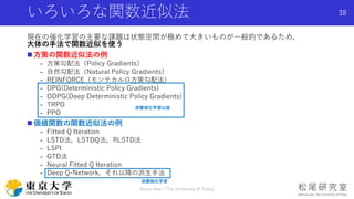 いろいろな関数近似法
現在の強化学習の主要な課題は状態空間が極めて大きいものが一般的であるため，
大体の手法で関数近似を使う
 方策の関数近似法の例
- 方策勾配法（Policy Gradients）
- 自然勾配法（Natural Policy Gradients）
- REINFORCE（モンテカルロ方策勾配法）
- DPG(Deterministic Policy Gradients)
- DDPG(Deep Deterministic Policy Gradients)
- TRPO
- PPO
 価値関数の関数近似法の例
- Fitted Q Iteration
- LSTD法，LSTDQ法，RLSTD法
- LSPI
- GTD法
- Neural Fitted Q Iteration
- Deep Q-Network，それ以降の派生手法
Shota Imai | The University of Tokyo
38
深層強化学習以後
深層強化学習
 
