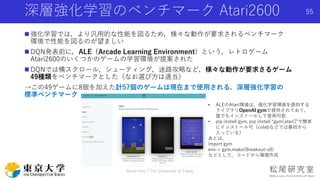 深層強化学習のベンチマーク Atari2600
 強化学習では，より汎用的な性能を図るため，様々な動作が要求されるベンチマーク
環境で性能を図るのが望ましい
 DQN発表前に，ALE（Arcade Learning Environment）という，レトロゲーム
Atari2600のいくつかのゲームの学習環境が提案された
 DQNでは横スクロール，シューティング，迷路攻略など，様々な動作が要求さるゲーム
49種類をベンチマークとした（なお選び方は適当）
→この49ゲームに8個を加えた計57個のゲームは現在まで使用される，深層強化学習の
標準ベンチマーク
Shota Imai | The University of Tokyo
55
• ALEのAtari環境は，強化学習環境を提供する
ライブラリOpenAI gymで提供されており，
誰でもインストールして使用可能
• pip install gym, pip install “gym[atari]”で簡単
にインストール可（colabなどでは最初から
入っている）
あとは，
import gym
env = gym.make(Breakout-v0)
などとして，コードから環境作成
 