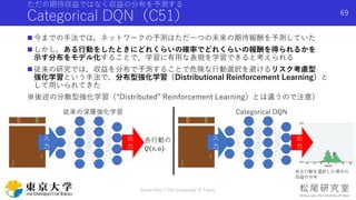 ただの期待収益ではなく収益の分布を予測する
Categorical DQN（C51）
 今までの手法では，ネットワークの予測はただ一つの未来の期待報酬を予測していた
 しかし，ある行動をしたときにどれくらいの確率でどれくらいの報酬を得られるかを
示す分布をモデル化することで，学習に有用な表現を学習できると考えられる
 従来の研究では，収益を分布で予測することで危険な行動選択を避けるリスク考慮型
強化学習という手法で，分布型強化学習（Distributional Reinforcement Learning）と
して用いられてきた
※後述の分散型強化学習（“Distributed” Reinforcement Learning）とは違うので注意）
Shota Imai | The University of Tokyo
69
入
力
出
力
各行動の
𝑄(𝑠, 𝑎)
入
力
出
力
ある行動を選択した場合の
収益の分布
従来の深層強化学習 Categorical DQN
 