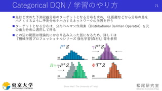 Categorical DQN / 学習のやり方
 先ほど求めた予測収益分布のターゲットとなる分布を求め，KL距離などから分布の差を
小さくするように予測分布を出力するネットワークの学習を行う
 ターゲットとなる分布は，分布ベルマン作用素（Distributional Bellman Operator）を元
の出力分布に適用して得る
 この辺の範囲は理論的にかなり込み入った話になるため，詳しくは
『機械学習プロフェッショナルシリーズ 強化学習(森村)』等を参照
Shota Imai | The University of Tokyo
71
 