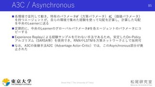 A3C / Asynchronous
 各環境で並列して動き，特有のパラメータ𝜃’（方策パラメータ） 𝜃𝑣
′ （価値パラメータ）
を持つエージェントが，自らの環境で集めた経験を使って勾配を計算し，計算した勾配
を中央のLearnerに送る
 定期的に，中央のLearnerのグローバルパラメータ𝜃を各エージェントのパラメータにコ
ピーする
 Experience Replayによる経験サンプルを行わない手法であるため，安定したOn-Policy
アルゴリズム（SARSA等）を使用でき，RNNやLSTMを方策ネットワークとして採用可
 なお，A3Cの後継手法A2C（Advantage Actor-Critic）では，このAsynchronous部分が廃
止された
Shota Imai | The University of Tokyo
85
 