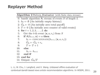 Replayer Method
29
L. Li, W. Chu, J. Langford, and X. Wang. Unbiased offline evaluation of
contextual-bandit-based news article recommendation algorithms. In WSDM, 2011.
 