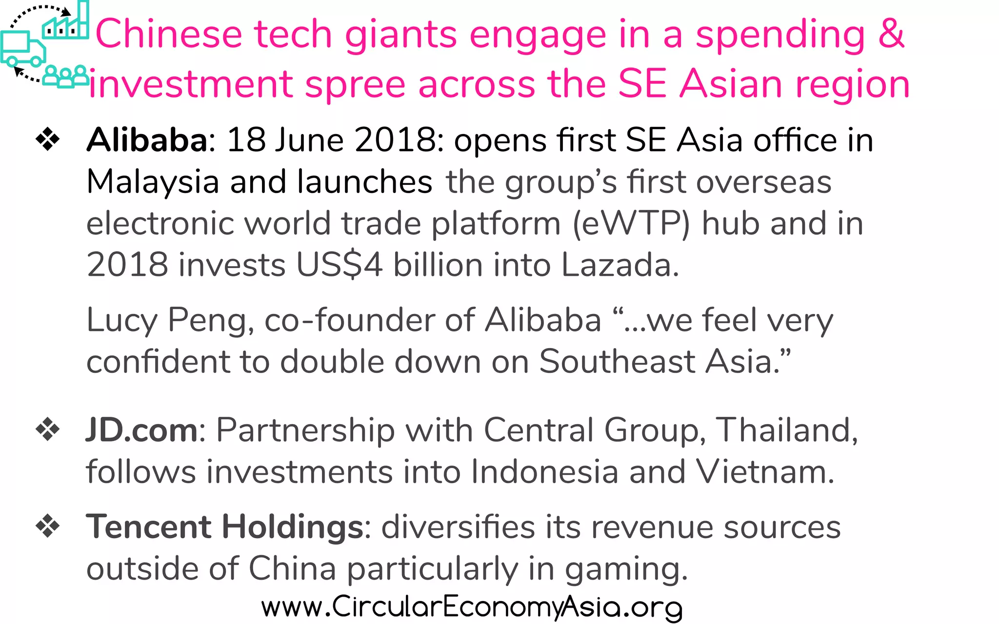Chinese tech giants engage in a spending &
investment spree across the SE Asian region
❖ Alibaba: 18 June 2018: opens ﬁrst SE Asia ofﬁce in
Malaysia and launches the group’s ﬁrst overseas
electronic world trade platform (eWTP) hub and in
2018 invests US$4 billion into Lazada.
Lucy Peng, co-founder of Alibaba “...we feel very
conﬁdent to double down on Southeast Asia.”
❖ JD.com: Partnership with Central Group, Thailand,
follows investments into Indonesia and Vietnam.
❖ Tencent Holdings: diversiﬁes its revenue sources
outside of China particularly in gaming.
 