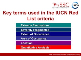 Extreme Fluctuations Severely Fragmented Extent of Occurrence Area of Occupancy Location Quantitative Analysis Key terms used in the IUCN Red List criteria 