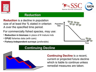 Reduction Reduction   is a decline in population size of at least the % stated in criterion A over the specified time period.  For commercially fished species, may use: Reduction in biomass  in place of # mature inds CPUE  fisheries data (with care) Fishery-independent surveys  (preferable) Time Population Size Continuing Decline Continuing Decline   is a recent, current or projected future decline which is liable to continue unless remedial measures are taken. 