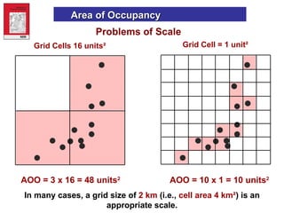 Problems of Scale Area of Occupancy In many cases, a grid size of  2 km  (i.e.,  cell area 4 km² ) is an appropriate scale. AOO = 10 x 1 = 10 units 2 AOO = 3 x 16 = 48 units 2 Grid Cells 16 units² Grid Cell = 1 unit² 