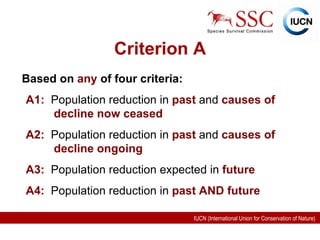 Based on  any  of four criteria: A1:   Population reduction in   past   and   causes of decline now ceased A2:   Population reduction in   past   and   causes of decline ongoing A3:   Population reduction expected in   future A4:   Population reduction in   past AND future Criterion A 