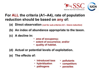 For  ALL  the criteria (A1–A4), rate of population reduction should be based on  any  of: (a)  Direct observation  ( not for sub-criterion A3 – future reduction ) (b)  An index of abundance appropriate to the taxon. (c)  A decline in: area of occupancy;  extent of occurrence; and/or  quality of habitat. (d)  Actual or potential levels of exploitation. (e)  The effects of: introduced taxa hybridization pathogens pollutants competitors parasites 