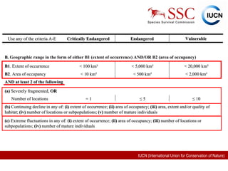 Use any of the criteria A-E Critically Endangered Endangered Vulnerable B.  Geographic range in the form of either B1 (extent of occurrence) AND/OR B2 (area of occupancy) B1 . Extent of occurrence < 100 km² < 5,000 km² < 20,000 km² B2 . Area of occupancy < 10 km² < 500 km² < 2,000 km² AND at least 2 of the following (a)  Severely fragmented,  OR Number of locations = 1 ≤   5 ≤  10 (b)  Continuing decline in any of:  (i)  extent of occurrence;  (ii)  area of occupancy;  (iii)  area, extent and/or quality of habitat;  (iv)  number of locations or subpopulations;  (v)  number of mature individuals (c)  Extreme fluctuations in any of:  (i)  extent of occurrence;  (ii)  area of occupancy;  (iii)  number of locations or subpopulations;  (iv)  number of mature individuals 