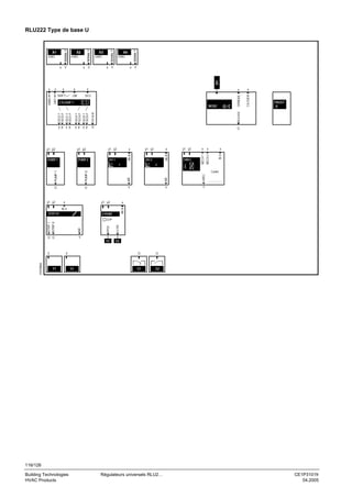 X3
LABEL

x Y

X4
LABEL

x Y

x Y

FROST

RELEASE

Q

Q

AO 1

x

y1 y2
AO 2

1

y1 y2

x

HREC

x

x

2

IN X

PUMP 2

x

y1 y2

MECH 2

y p y p

p1 p2

PUMP 1

MODE

MECH 1

p1 p2

1

x

DV ALM

SEQ1 Y
SEQ1 P

y p y p

x

IN X

DIFF

CTLOOP 1
SEQ2 Y
SEQ2 P

MAIN

x
SEQ

OPMODE

x
LIM

x
SHIFT

IN X

x

SEQ4 Y
SEQ4 P
SEQ5 Y
SEQ5 P

x

CH OVER

D1

x Y

SIGNAL Y

X2
LABEL

SIGNAL Y

X1
LABEL

SIGNAL Y

SIGNAL Y

RLU222 Type de base U

PUMP 1

PUMP 2

A0

A0

HREC

Cooler

Q

Q

Y

Y

Y

y1 y2

x

y1 y2

x
IN X

IN X
STEP V1

....................

3 POINT

3101B04

Y

Q1

Q2
Q

Y

Y1

CLOSE

Y

OPEN

A0

Q Q

STEP 1

STEP 2

3P

Y2

Q

Q1

Q2

116/126
Building Technologies
HVAC Products

Régulateurs universels RLU2…

CE1P3101fr
04.2005

 