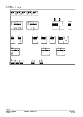 x Y

SIGNAL Y

x Y

x

x

LIM

SEQ

CTLOOP 2

x

2

RELEASE

y p y p

Q

y p

y p

FROST

Q

AO 1

PUMP 2

x

y1 y2
AO 2

1

y1 y2
AO 3

y1 y2

x

x

3

2

PUMP 1

PUMP 2

A0

A0

A0

HREC

Cooler

Q

Q

Y

Y

Y

Y

y1 y2

y1 y2

x

y1 y2

....................

x
IN X

STEP LIN

AO

STEP 1
STEP 2

AO

STEP 1
STEP 2

AO

STEP BIN

STEP 2

STEP V1
STEP 1

x
IN X

IN X

Q Q

Y

Q Q

Y

Q Q

Y

Y
3101B06

x

x

MECH 1
MECH 2

x

IN X

y1 y2

IN X

SEQ4 Y
SEQ4 P

MODE

SEQ1 Y
SEQ1 P

1

p1 p2

PUMP 1

x
SHIFT

IN X

p1 p2

x

DV ALM

SEQ1 Y
SEQ1 P

y p y p

x

IN X

DIFF

CTLOOP 1
SEQ2 Y
SEQ2 P

MAIN

x
SEQ

DIFF

x
GEN

x
SHIFT

MAIN

x

SEQ4 Y
SEQ4 P
SEQ5 Y
SEQ5 P

x

CH OVER

x Y

X5
LABEL

D2

x Y

X4
LABEL

D1

x Y

X3
LABEL

SIGNAL Y

X2
LABEL

SIGNAL Y

X1
LABEL

SIGNAL Y

SIGNAL Y

RLU232 Type de base U

Y

Y1

Y

Y2

Q

Y3

Q

Q1

Q3

118/126
Building Technologies
HVAC Products

Régulateurs universels RLU2…

CE1P3101fr
04.2005

 