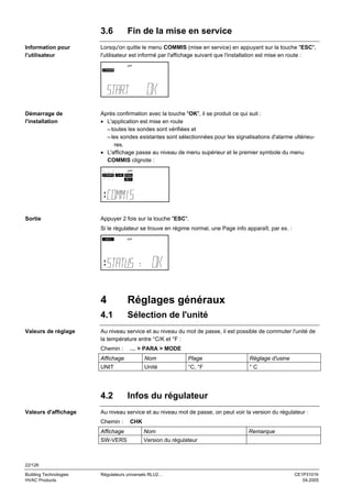 3.6
Information pour
l'utilisateur

Fin de la mise en service

Lorsqu'on quitte le menu COMMIS (mise en service) en appuyant sur la touche "ESC",
l'utilisateur est informé par l'affichage suivant que l'installation est mise en route :
EXP

COMMIS

Démarrage de
l'installation

Après confirmation avec la touche "OK", il se produit ce qui suit :
• L'application est mise en route
– toutes les sondes sont vérifiées et
– les sondes existantes sont sélectionnées pour les signalisations d'alarme ultérieures.
• L'affichage passe au niveau de menu supérieur et le premier symbole du menu
COMMIS clignote :
EXP

COMMIS

CHK PARA
SET

Sortie

Appuyer 2 fois sur la touche "ESC".
Si le régulateur se trouve en régime normal, une Page info apparaît, par ex. :
INFO

EXP

4
4.1
Valeurs de réglage

Réglages généraux
Sélection de l'unité

Au niveau service et au niveau du mot de passe, il est possible de commuter l'unité de
la température entre °C/K et °F :
Chemin :

… > PARA > MODE

Affichage

Nom

Plage

Réglage d'usine

UNIT

Unité

°C, °F

°C

4.2
Valeurs d'affichage

Infos du régulateur

Au niveau service et au niveau mot de passe, on peut voir la version du régulateur :
Chemin :

CHK

Affichage

Nom

SW-VERS

Version du régulateur

Remarque

22/126
Building Technologies
HVAC Products

Régulateurs universels RLU2…

CE1P3101fr
04.2005

 