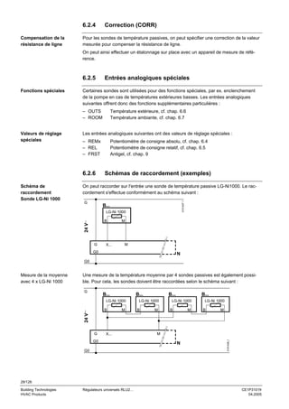 6.2.4
Compensation de la
résistance de ligne

Correction (CORR)

Pour les sondes de température passives, on peut spécifier une correction de la valeur
mesurée pour compenser la résistance de ligne.
On peut ainsi effectuer un étalonnage sur place avec un appareil de mesure de référence.

6.2.5

Certaines sondes sont utilisées pour des fonctions spéciales, par ex. enclenchement
de la pompe en cas de températures extérieures basses. Les entrées analogiques
suivantes offrent donc des fonctions supplémentaires particulières :
– OUTS
– ROOM

Valeurs de réglage
spéciales

Les entrées analogiques suivantes ont des valeurs de réglage spéciales :
– REMx
– REL
– FRST

6.2.6
Schéma de
raccordement
Sonde LG-Ni 1000

Température extérieure, cf. chap. 6.6
Température ambiante, cf. chap. 6.7

Potentiomètre de consigne absolu, cf. chap. 6.4
Potentiomètre de consigne relatif, cf. chap. 6.5
Antigel, cf. chap. 9

Schémas de raccordement (exemples)

On peut raccorder sur l'entrée une sonde de température passive LG-Ni1000. Le raccordement s'effectue conformément au schéma suivant :
G

3101A07 f

Fonctions spéciales

Entrées analogiques spéciales

B...
LG-Ni 1000

24 V∼

B

G

X...

M

M

G0

N

G0

Une mesure de la température moyenne par 4 sondes passives est également possible. Pour cela, les sondes doivent être raccordées selon le schéma suivant :
G

B...

B...

LG-Ni 1000

24 V∼

B

G

M

X...

G0
G0

B...

LG-Ni 1000
B

M

B...

LG-Ni 1000
B

M

LG-Ni 1000
B

M

M

N

3101A08_f

Mesure de la moyenne
avec 4 x LG-Ni 1000

28/126
Building Technologies
HVAC Products

Régulateurs universels RLU2…

CE1P3101fr
04.2005

 