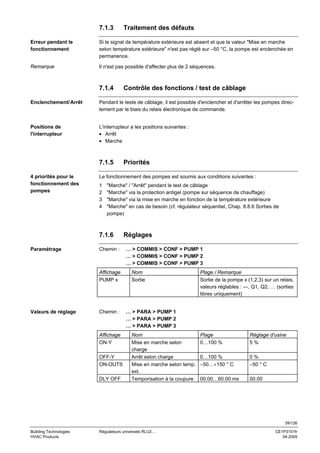 7.1.3

Traitement des défauts

Erreur pendant le
fonctionnement

Si le signal de température extérieure est absent et que la valeur "Mise en marche
selon température extérieure" n'est pas réglé sur –50 °C, la pompe est enclenchée en
permanence.

Remarque

Il n'est pas possible d'affecter plus de 2 séquences.

7.1.4

Contrôle des fonctions / test de câblage

Enclenchement/ Arrêt

Pendant le teste de câblage, il est possible d'enclencher et d'arrêter les pompes directement par le biais du relais électronique de commande.

Positions de
l'interrupteur

L'interrupteur a les positions suivantes :
• Arrêt
• Marche

7.1.5
4 priorités pour le
fonctionnement des
pompes

Le fonctionnement des pompes est soumis aux conditions suivantes :
1
2
3
4

"Marche" / "Arrêt" pendant le test de câblage
"Marche" via la protection antigel (pompe sur séquence de chauffage)
"Marche" via la mise en marche en fonction de la température extérieure
"Marche" en cas de besoin (cf. régulateur séquentiel, Chap. 8.8.6 Sorties de
pompe)

7.1.6
Paramétrage

Chemin :

Affichage
PUMP x

Valeurs de réglage

Priorités

Chemin :

Affichage
ON-Y
OFF-Y
ON-OUTS
DLY OFF

Réglages
… > COMMIS > CONF > PUMP 1
… > COMMIS > CONF > PUMP 2
… > COMMIS > CONF > PUMP 3
Nom
Sortie

Plage / Remarque
Sortie de la pompe x (1,2,3) sur un relais,
valeurs réglables : ---, Q1, Q2, … (sorties
libres uniquement)

… > PARA > PUMP 1
… > PARA > PUMP 2
… > PARA > PUMP 3
Nom
Mise en marche selon
charge
Arrêt selon charge
Mise en marche selon temp.
ext.
Temporisation à la coupure

Plage
0…100 %

Réglage d'usine
5%

0…100 %
−50…+150 ° C

0%
−50 ° C

00.00…60.00 ms

00.00

39/126
Building Technologies
HVAC Products

Régulateurs universels RLU2…

CE1P3101fr
04.2005

 