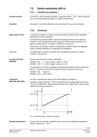 7.2

Sortie modulante (AO x)

7.2.1

Fonction et activation

Fonction de AO x

Le bloc AO x (sortie modulante) génère un signal de sortie 0…10 V– pour un servomoteur à commande progressive ayant un entrée correspondante.

Activation

Une sortie (Y x) doit être affectée au bloc de fonction AO x pour qu'il soit activé.

7.2.2
Signal externe (IN X)

Fonctions

Le signal de charge pour la sortie modulante peut être connecté entre le régulateur
séquentiel et la sortie modulante.
Il est également possible d'utiliser une entrée analogique (IN X) comme signal de
charge. En reliant simultanément deux signaux de charge internes maximum et le
signal de charge externe, on obtient une sélection du maximum.
Cela permet, par exemple, d'associer le signal pour la batterie froide d'un régulateur
externe de déshumidification à un régulateur de température.

Remarque

Le signal externe n'est pris en compte que si le régulateur fonctionne en régime
"Confort" ou "Economie".

Inversion de sortie
(INVERS)

Chaque sortie peut être inversée. Signification :
INVERS = NO : 0…100 % charge = sortie 0…100 %
INVERS = YES : 0…100 % charge = sortie 100…0 %
Si le régulateur avec sortie analogique est déconnecté pendant le fonctionnement (entrée D1 = fonction de protection), le signal de sortie se comporte comme suit :
INVERS = NO : Sortie 0 %
INVERS = YES : Sortie 100 %

La sortie modulante peut recevoir une limite supérieure et inférieure.
La plage du signal de sortie 0…100 % correspond donc à la plage "Signal de positionnement min. (MIN POS)…Signal de positionnement max. (MAX POS)", selon la représentation de la figure ci-dessous :
3101D05

Limitations
(MIN POS, MAX POS)

Y
100 %

10 V

MAX POS

MIN POS

0%

0V

Qs
0%

100 %

Qs = demande de charge du régulateur séquentiel

Exemple d'application

On peut ainsi, par exemple, adapter la sortie à une vanne magnétique acceptant en
entrée un signal de 5…7,5 V−.
41/126

Building Technologies
HVAC Products

Régulateurs universels RLU2…

CE1P3101fr
04.2005

 