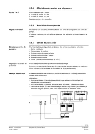 8.8.3
Sorties Y et P

Affectation des sorties aux séquences

Chaque séquence a 2 sorties :
• 1 sortie de charge SEQx Y
• 1 sortie de pompe SEQx P
Les deux peuvent être occupées.

8.8.4
Règles d'activation

Activation des séquences

Pour activer une séquence, il faut lui affecter une sortie de charge et/ou une sortie de
pompe.
L'absence d'affectation a pour effet de désactiver une séquence et toutes celles qui la
suivent.

8.8.5

Sorties de puissance

Sélection de sorties de
puissance

Pour les régulateurs séquentiels, on dispose des sorties de puissance suivantes :
• Sortie modulante
• Récupérateur de chaleur
• Programmateur à étages variable
• Programmateur linéaire à étages
• Programmateur binaire
• Sortie 3 points (uniquement avec RLU222)

Règles pour les sorties de
puissance

Chaque séquence n'admet qu'une seule sortie de charge.

Exemple d'application

Par contre, une sortie de charge peut être commandée par deux séquences maximum
(de la même boucle de réglage ou de boucles de réglage différentes).

Cet exemple montre une installation comportant les fonctions chauffage, refroidissement et déshumidification.
Affectations :
– Boucle de réglage 1 (température ambiante) avec séquence 1 (chauffage) et
séquence 4 (refroidissement)
– Boucle de réglage 2 (humidité ambiante) avec séquence 4 (déshumidification)
– La sortie de charge AO2 est commandée par les deux régulateurs (séquences 4) et
transmet le signal résultant via la sortie Y2 à la vanne de la batterie froide.

y2

p

p y p

Q

y p

3101S26

SEQ4 Y
SEQ4 P

MAIN

2

CTLOOP 2

p

IN X

AO 1

x
SEQ

x

IN X

x

x
LIM

x

SEQ1 Y
SEQ1 P

y p

x

SHIFT

1
SEQ4 Y
SEQ4 P
SEQ5 Y
SEQ5 P

ϕ
T

SEQ1 Y
SEQ1 P

CTLOOP 1

x

DV ALM

SUPPLY

x
CAS/CON

SEQ2 Y
SEQ2 P

T

x
SEQ

DIFF

x
LIM

x

AO 2

A0

1

A0

1

AO
Y1

Y2

79/126
Building Technologies
HVAC Products

Régulateurs universels RLU2…

CE1P3101fr
04.2005

 