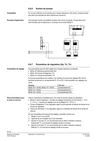 8.8.6

Sorties de pompe

Possibilités

On ne peut affecter qu'une pompe pour chaque séquence. Par contre, chaque pompe
peut être commandée par deux séquences maximum.

Exemple d'application

Cet exemple montre une batterie chaude avec vanne et pompe. Toutes deux sont
commandées par la séquence 2, la pompe via la sortie SEQ2 P :
x

x

SEQ

2

SEQ2 Y
SEQ2 P

yp

Q

x

AO 1

p2

IN X

y2

DV ALM

CTLOOP 2
SEQ1 Y
SEQ1 P

DIFF

MAIN

x

LIM

x
SHIFT

3101S27

x

PUMP 1

PUMP 1

A0

1

DO
AO
Y1

8.8.7
Possibilités de réglage

Q1

Paramètres de régulation (Xp, Tn, Tv)

Ces paramètres peuvent être réglés pour chaque séquence configurée :
• SEQx XP (Bande proportionnelle Xp)
• SEQx TN (Temps d'intégration Tn)
• SEQx TV (Temps de dérivation Tv)
Si tous les paramètres sont utilisés, il en résulte une boucle de réglage PID. Si l'on
souhaite seulement un comportement P, PI ou PD, il faut procéder aux réglages suivants :
Réglage
SEQx TN = 00:00; SEQx TV = 00:00
SEQx TV = 00:00
SEQx TN = 00:00

Recommandation pour
la mise en service

Résultat
Comportement P
Comportement PI
Comportement PD

Valeurs indicatives conseillées pour une mise en service rapide du régulateur :
• Bande P Xp du régulateur : boucles de réglage d'ambiance et d'air extrait 1…2 K /
2…4 % h. r., boucles de réglage d'air de soufflage 5 K / 10 % h. r.
• Temps d'intégration Tn du régulateur égal à la plus grande constante de temps de la
boucle de régulation
• Temps de dérivation Tv du régulateur égal à la constante de temps de la sonde de
mesure
En cas d'oscillation de la boucle de réglage, procéder comme suit :
1. Régler Tn et Tv sur 00:00.
2. Agrandir Xp (la multiplier par 2 par exemple)
3. Ajouter à nouveau Tn, en commençant par la valeur indiquée ci-dessus.
Augmenter Tn, si la boucle de réglage oscille à nouveau.
4. Ajouter à nouveau Tv, en commençant par la valeur indiquée ci-dessus.
Réduire Tv, si la boucle de réglage oscille à nouveau.

80/126
Building Technologies
HVAC Products

Régulateurs universels RLU2…

CE1P3101fr
04.2005

 
