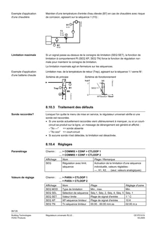 Maintien d'une température d'entrée d'eau élevée (B7) en cas de chaudière avec risque
de corrosion, agissant sur la séquence 1 (Y3) :
T

B1
N.X1

3101S36

Exemple d'application
d'une chaudière

Y3
N.Q1
N.Q2 M

T

B7
N.X2

Limitation maximale

Si un signal passe au-dessus de la consigne de limitation (SEQ SET), la fonction de
limitation à comportement PI (SEQ XP, SEQ TN) force la fonction de régulation normale pour maintenir la consigne de limitation.
La limitation maximale agit en fermeture sur les séquences.
Limitation max. de la température de retour (Trep), agissant sur la séquence 1 / vanne M :
Schéma de principe

Schéma de fonctionnement
T

Trep

T

Yctl
1

B1

M6

3101D06_f

Exemple d'application
d'une batterie chaude

SEQ1 Y

M

3101S37_f

M6
0

WTSoufCh TSouf

8.10.3 Traitement des défauts
Sonde raccordée?

Lorsque l'on quitte le menu de mise en service, le régulateur universel vérifie si une
sonde est raccordée.
• Si une sonde actuellement raccordée vient ultérieurement à manquer, ou si un courtcircuit se produit sur la ligne, un message de dérangement est généré et affiché :
– "Xx ---"
=> sonde absente
– "Xx ooo" => court-circuit
• Si aucune sonde n'est détectée, la limitation est désactivée.

8.10.4 Réglages
Paramétrage

Chemin :

… > COMMIS > CONF > CTLOOP 1
… > COMMIS > CONF > CTLOOP 2

Affichage
SEQ

Valeurs de réglage

Nom
Régulation avec limit.
séquence

Chemin :

… > PARA > CTLOOP 1
… > PARA > CTLOOP 2

Affichage
SEQ MOD
SEQ SEL
SEQ SET
SEQ XP
SEQ TN

Nom
Type de limitation
Sélection de séquence
Valeur limite
XP séquence limiteur
Tn séquence limiteur

Plage / Remarque
Activation de la limitation d'une séquence
individuelle, valeurs réglables :
---, X1, X2, … (seul. valeurs analogiques)

Plage
Min., max.
Séq.1, Séq. 2, Séq. 4, Séq. 5
Plage de signal d'entrée
Plage de signal d'entrée
00.00…60.00 mm.ss

Réglage d'usine
Min.
Séq. 1
1°C
10 K
02.00 m.s

86/126
Building Technologies
HVAC Products

Régulateurs universels RLU2…

CE1P3101fr
04.2005

 