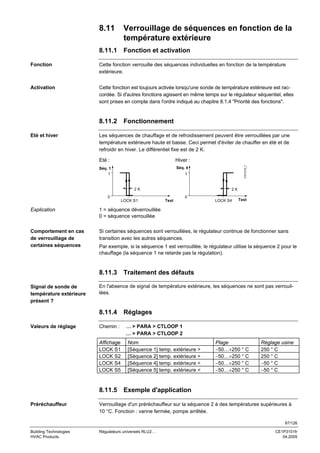 8.11

Verrouillage de séquences en fonction de la
température extérieure

8.11.1

Fonction et activation

Fonction

Cette fonction verrouille des séquences individuelles en fonction de la température
extérieure.

Activation

Cette fonction est toujours activée lorsqu'une sonde de température extérieure est raccordée. Si d'autres fonctions agissent en même temps sur le régulateur séquentiel, elles
sont prises en compte dans l'ordre indiqué au chapitre 8.1.4 "Priorité des fonctions".

8.11.2

Les séquences de chauffage et de refroidissement peuvent être verrouillées par une
température extérieure haute et basse. Ceci permet d'éviter de chauffer en été et de
refroidir en hiver. Le différentiel fixe est de 2 K.
Eté :

Hiver :

Séq. 1
1

Séq. 4
1

2K
0

3101D12_f

Eté et hiver

Fonctionnement

LOCK S1

2K
Text

0

LOCK S4

Text

Explication

1 = séquence déverrouillée
0 = séquence verrouillée

Comportement en cas
de verrouillage de
certaines séquences

Si certaines séquences sont verrouillées, le régulateur continue de fonctionner sans
transition avec les autres séquences.
Par exemple, si la séquence 1 est verrouillée, le régulateur utilise la séquence 2 pour le
chauffage (la séquence 1 ne retarde pas la régulation).

8.11.3 Traitement des défauts
Signal de sonde de
température extérieure
présent ?

En l'absence de signal de température extérieure, les séquences ne sont pas verrouillées.

8.11.4 Réglages
Valeurs de réglage

Chemin :
Affichage
LOCK S1
LOCK S2
LOCK S4
LOCK S5

… > PARA > CTLOOP 1
… > PARA > CTLOOP 2
Nom
[Séquence 1] temp. extérieure >
[Séquence 2] temp. extérieure >
[Séquence 4] temp. extérieure <
[Séquence 5] temp. extérieure <

Plage
−50…+250 ° C
−50…+250 ° C
−50…+250 ° C
−50…+250 ° C

Réglage usine
250 ° C
250 ° C
−50 ° C
−50 ° C

8.11.5 Exemple d'application
Préréchauffeur

Verrouillage d'un préréchauffeur sur la séquence 2 à des températures supérieures à
10 °C. Fonction : vanne fermée, pompe arrêtée.
87/126

Building Technologies
HVAC Products

Régulateurs universels RLU2…

CE1P3101fr
04.2005

 