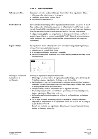8.14.2

Fonctionnement

Valeurs surveillées

Les valeurs suivantes sont surveillées par l'intermédiaire de la signalisation d'écart :
• différence entre valeur mesurée et consigne
• régulateur séquentiel sur position d'arrêt
• temporisation de signalisation

Déclenchement

Lorsque la boucle de réglage atteint la position d'arrêt (toutes les séquences de chauffage sont ouvertes et toutes les séquences de refroidissement sont fermées, ou viceversa), et que la différence réglée entre la valeur mesurée et la consigne est dépassée,
le système émet un message de dérangement au bout d'un délai paramétrable.
Il est possible de spécifier une temporisation de dérangement distincte pour l'arrêt en
position haute et l'arrêt en position basse (DV DLYH, DV DLYL). Il est possible de surveiller également des installations de chauffage uniquement ou de refroidissement
uniquement.

Représentation

La signalisation d'écart est représentée sous forme de message de dérangement, au
niveau d'information, de la façon suivante :
• clignotement du symbole de la cloche
• le symbole du régulateur séquentiel 1 est visible
• information indiquant si l'écart s'est produit dans les séquences de chauffage ou de
refroidissement
INFO

SERVICE

1

Remarques concernant
l'utilisation et la
configuration

Remarques à propos de la signalisation d'écart :
• Il faut régler une temporisation de signalisation suffisante pour qu'au démarrage de
l'installation, aucune signalisation de défaut ne soit déclenchée.
• La signalisation d'écart concerne toujours le régulateur séquentiel. Dans le cas d'un
régulateur cascade de température ambiance/soufflage, l'air soufflé est donc surveillé. Configurer les valeurs en conséquence.
• La signalisation d'écart ne fonctionne que si la régulation est active.
• Si une séquence est limitée par la limitation générale ou un limiteur de séquence,
aucune signalisation d'écart n'est générée.
• L'affectation s'effectue toujours dans le schéma de configuration sur le régulateur
séquentiel 1.
• Si l'on règle en même temps la signalisation d'écart et le timeout du régulateur
séquentiel, la temporisation de la signalisation d'écart doit toujours être plus longue
que la durée du timeout.
Dans le cas contraire, une signalisation d'écart survient chaque fois que le timeout
agit sur le régulateur séquentiel.

91/126
Building Technologies
HVAC Products

Régulateurs universels RLU2…

CE1P3101fr
04.2005

 