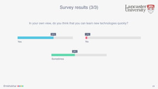 @mkhokhar 24
Survey results (3/3)
In your own view, do you think that you can learn new technologies quickly?
No
1%
Yes
61%
Sometimes
38%
 