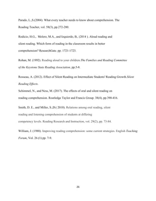26
Parado, L.,S.(2004). What every teacher needs to know about comprehension. The
Reading Teacher, vol. 58(3), pp.272-280.
Rodicio, H.G., Melero, M.A., and Izquierdo, B,. (2014 ). Aloud reading and
silent reading. Which form of reading in the classroom results in better
comprehension? ResearchGate. pp. 1721-1723.
Rohan, M. (1992). Reading aloud to your children.The Families and Reading Committee
of the Keystone State Reading Association, pp.5-8.
Rosseau, A. (2012). Effect of Silent Reading on Intermediate Students' Reading Growth.Silent
Reading Effects.
Schimmel, N., and Ness, M. (2017). The effects of oral and silent reading on
reading comprehension. Routledge Taylor and Francis Group. 38(4), pp.390-416.
Smith, D. E., and Miller, S.,D.( 2010). Relations among oral reading, silent
reading and listening comprehension of students at differing
competency levels. Reading Research and Instruction, vol. 29(2), pp. 73-84.
William, J. (1988). Improving reading comprehension: some current strategies. English Teaching
Forum, Vol. 26 (1) pp. 7-9.
 