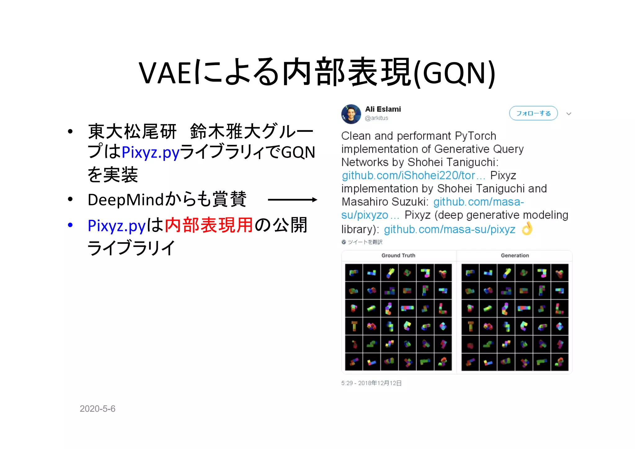 2020-5-6
VAEによる内部表現(GQN)
• 東大松尾研　鈴木雅大グルー
プはPixyz.pyライブラリィでGQN
を実装
• DeepMindからも賞賛
• Pixyz.pyは内部表現用の公開
ライブラリイ
 