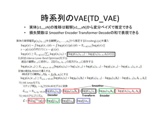 2020-5-6
時系列のVAE(TD_VAE)
• 実体[z1,,,,zN]の推移は観察[x1,,,,xN]から変分ベイズで推定できる
• 損失関数は Smoother Encoder Transformer Decodeの和で表現できる
 