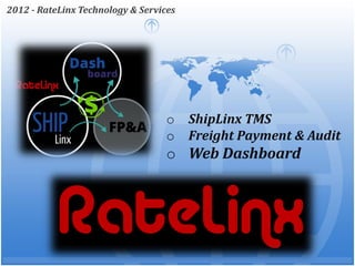 2012 - RateLinx Technology & Services




                                   o    ShipLinx TMS
                                   o    Freight Payment & Audit
                                   o Web Dashboard
 