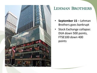 • September 15 – Lehman
  Brothers goes bankrupt
• Stock Exchange collapse:
  DIJA down 500 points,
  FTSE100 down 400
  points
 
