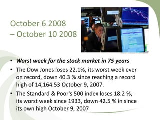 October 6 2008
– October 10 2008

• Worst week for the stock market in 75 years
• The Dow Jones loses 22.1%, its worst week ever
  on record, down 40.3 % since reaching a record
  high of 14,164.53 October 9, 2007.
• The Standard & Poor's 500 index loses 18.2 %,
  its worst week since 1933, down 42.5 % in since
  its own high October 9, 2007
 