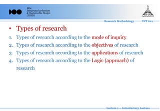 MSc
Integrated urbanism
& Sustainable Design
(IUSD)
• Types of research
1. Types of research according to the mode of inquiry
2. Types of research according to the objectives of research
3. Types of research according to the applications of research
4. Types of research according to the Logic (approach) of
research
 
