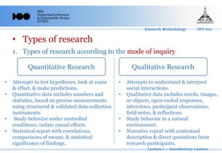 MSc
Integrated urbanism
& Sustainable Design
(IUSD)
• Types of research
1. Types of research according to the mode of inquiry
Quantitative Research Qualitative Research
• Attempts to understand & interpret
social interactions.
• Qualitative data includes words, images,
or objects, open-ended responses,
interviews, participant observations,
field notes, & reflections.
• Study behavior in a natural
environment.
• Narrative report with contextual
description & direct quotations from
research participants.
• Attempts to test hypotheses, look at cause
& effect, & make predictions.
• Quantitative data includes numbers and
statistics, based on precise measurements
using structured & validated data-collection
instruments.
• Study behavior under controlled
conditions; isolate causal effects.
• Statistical report with correlations,
comparisons of means, & statistical
significance of findings.
 