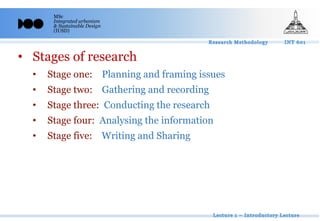 MSc
Integrated urbanism
& Sustainable Design
(IUSD)
• Stages of research
• Stage one: Planning and framing issues
• Stage two: Gathering and recording
• Stage three: Conducting the research
• Stage four: Analysing the information
• Stage five: Writing and Sharing
 