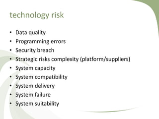 technology risk
•   Data quality
•   Programming errors
•   Security breach
•   Strategic risks complexity (platform/suppliers)
•   System capacity
•   System compatibility
•   System delivery
•   System failure
•   System suitability
 