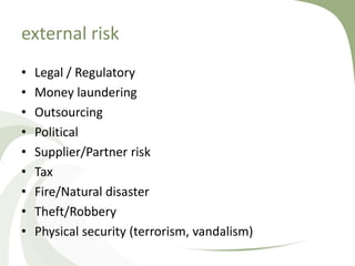 external risk
•   Legal / Regulatory
•   Money laundering
•   Outsourcing
•   Political
•   Supplier/Partner risk
•   Tax
•   Fire/Natural disaster
•   Theft/Robbery
•   Physical security (terrorism, vandalism)
 