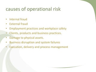 causes of operational risk
•   Internal fraud
•   External fraud
•   Employment practices and workplace safety
•   Clients, products and business practices.
•   Damage to physical assets.
•   Business disruption and system failures
•   Execution, delivery and process management
 